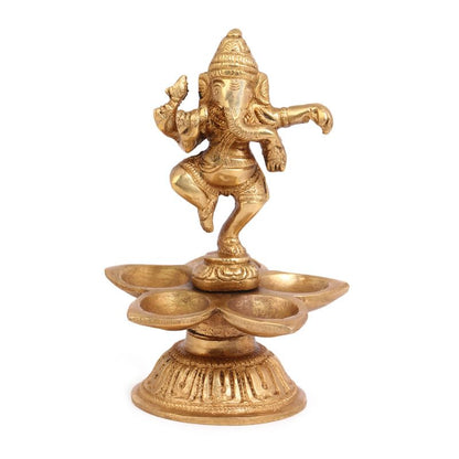 Brass Dancing Ganesh Diya for Puja Room: Handmade, Tabletop with Stand, Perfect for Home and Office Decor