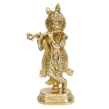 Brass Krishna Idol on Round Base in Gold Color Height 7-Inch