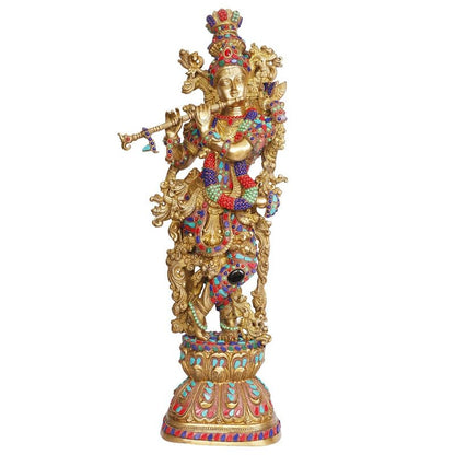 Brass Krishna Bhagwan Murti playing Flute in Multicolor Height 29 Inch