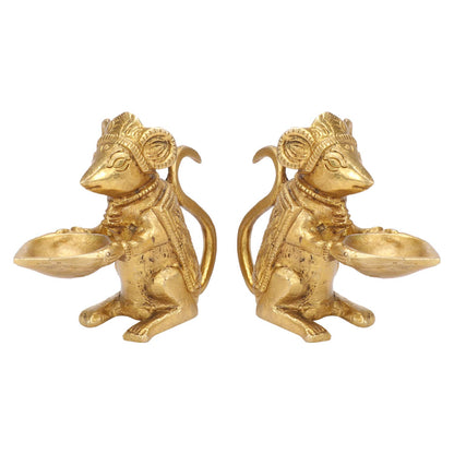 Brass Ganesha Rat Diya Oil Lamp Pair: Home Decor, Vastu Gift, Diwali Puja