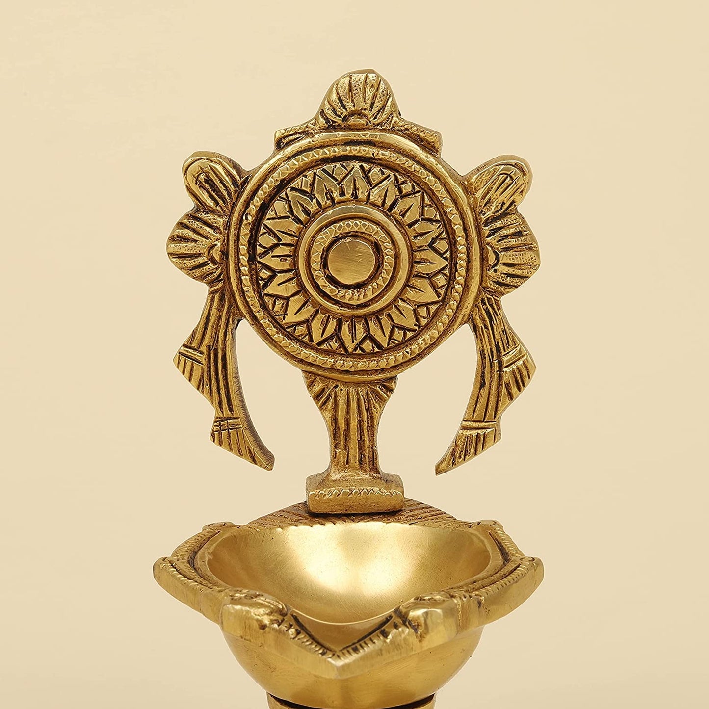 5.75 Inch Gold Color Brass Shankh Chakra Oil Lamp Diya Deepam: Ideal for Temple Aarti