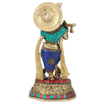 Brass Krishna Bhagwan Murti in Multicolor Height 10 Inch