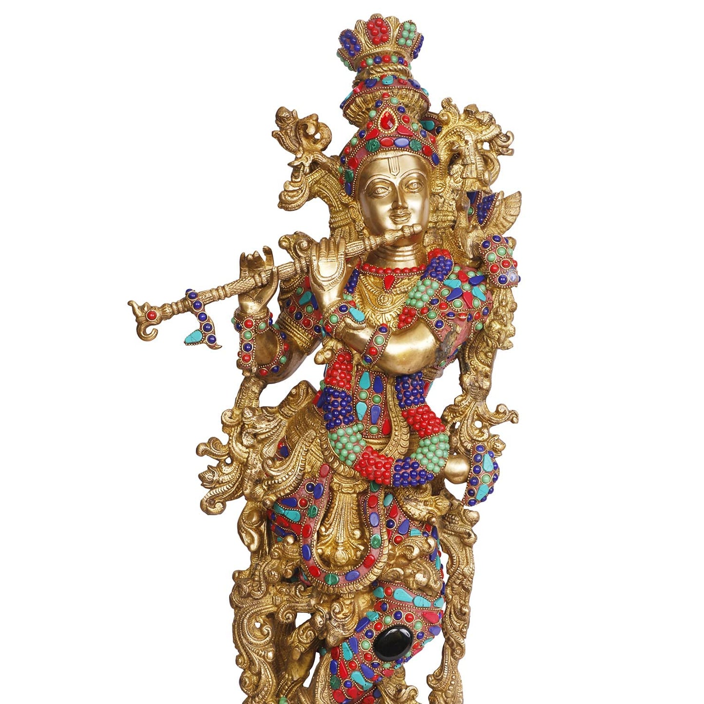 Brass Krishna Bhagwan Murti playing Flute in Multicolor Height 29 Inch