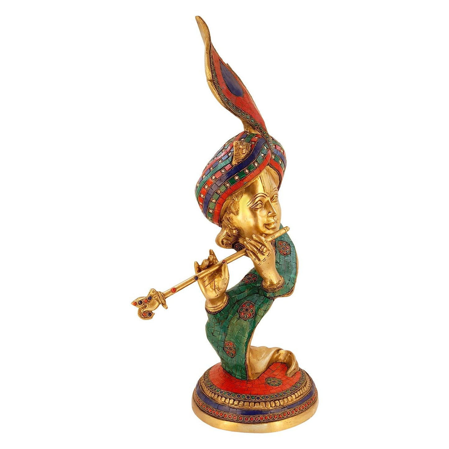 Brass Krishna Bhagwan Idol Murli Kishan Murti Playing Bansuri with Morpankh Gift for Home Mandir Decor Marriage