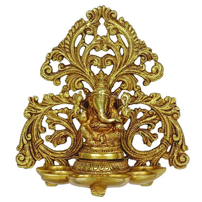 Brass Ganesh Diya with 6 Slots: Ideal for Aarti, Puja Room, Wall Hanging, Home Decor