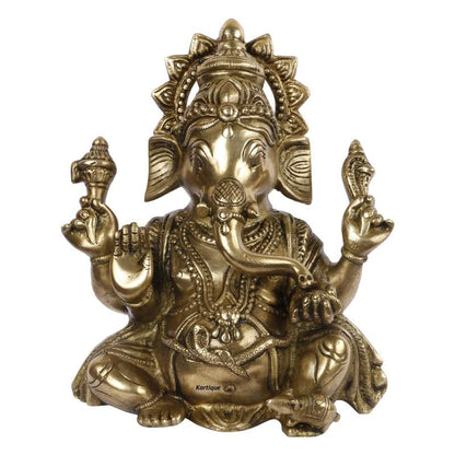 Brass Sitting Ganesha Idol In Gold Color Height 7.5 Inch Weight 1.6 Kg