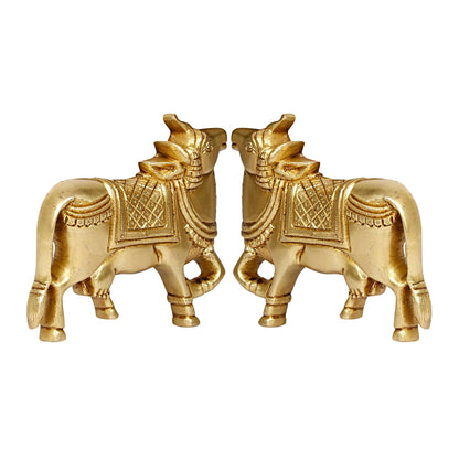 Brass Cow Wall Hanging Vastu Gau MATA Idol, Kamdhenu Cow Pair Nandi (Gold Color 5x4 Inch)