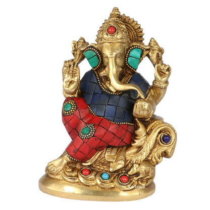 Brass Sitting Ganesha Idol In Multicolor Height 5 Inch Weight 1.05 Kg