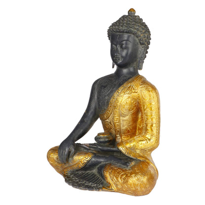 Brass Buddha Idol in Bhumisparsha Mudra Statue Tibetan Buddhist Décor Height 12 Inch Weight 6 Kg Color Golden Black