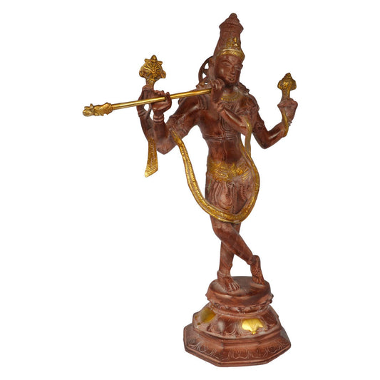 Brass Krishna Bhagwan Idol Murli Kishan Murti Playing Bansuri Gift for Home Mandir Decor Marriage Height 18 Inch