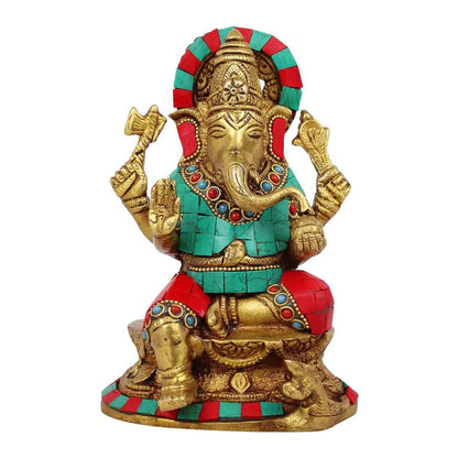 Brass Sitting Ganesha Idol In Multicolor Height 6.5 Inch Weight 1.6 Kg