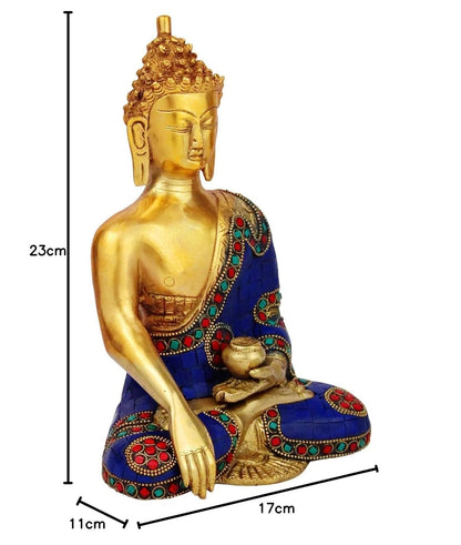 Brass Buddha Idol in Bhumisparsha Mudra Statue Tibetan Buddhist Decor Height 9 Inch Weight 2.7 Kg Mult-Color