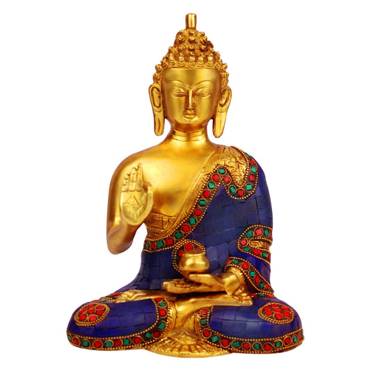 Brass Gautam Buddha Idol Statue Murti Draped in Stone Embellished Shawl for Home Decoration Blessing Buddha Height 9 Inch