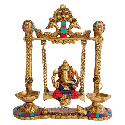 Brass Jhula Ganesha Idol In Multicolor Height 8 Inch Weight 2.2 Kg