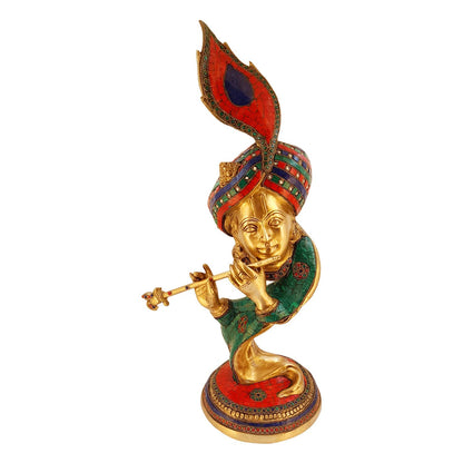 Brass Krishna Bhagwan Idol Murli Kishan Murti Playing Bansuri with Morpankh Gift for Home Mandir Decor Marriage