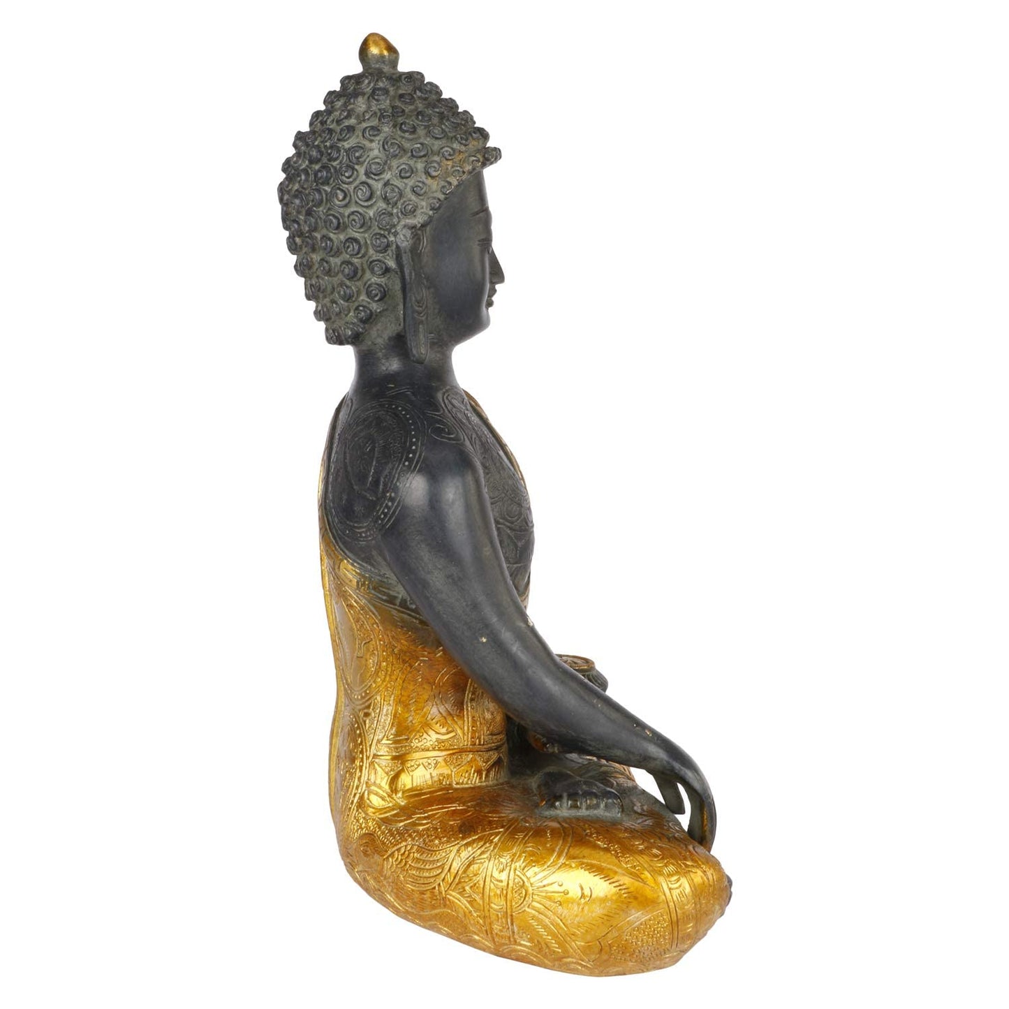 Brass Buddha Idol in Bhumisparsha Mudra Statue Tibetan Buddhist Décor Height 12 Inch Weight 6 Kg Color Golden Black