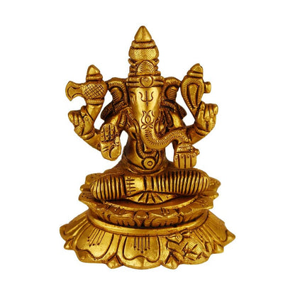 Brass Sitting Ganesha Idol In Gold Color Height 5 Inch Weight 0.37 Kg