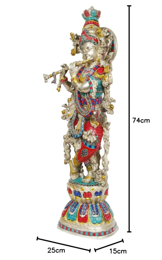 Brass Krishna Bhagwan Idol Murli Kishan Murti Playing Bansuri Gift for Home Mandir Decor Marriage Height 29 Inch