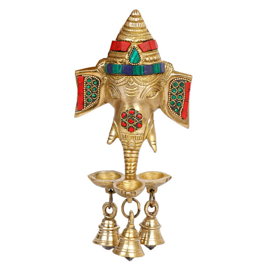 Brass Ganesha Wall Hanging with Bells and Diya Lamp Religious Diwali Puja Item Pooja Room, Office, Home Decor