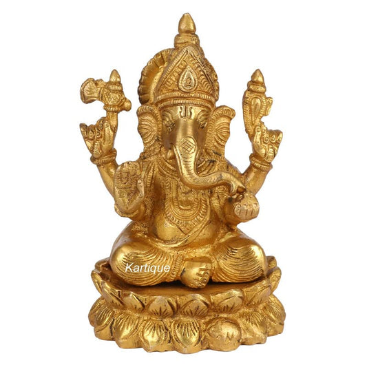 Brass Ganesha sitting On Lotus Idol In Gold Color Height 6 Inch Weight 1.5 Kg