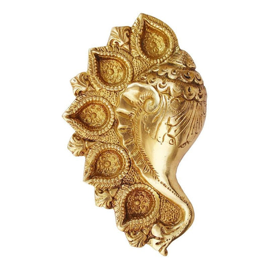 Gold Color Brass Ganesh-Conch Diya: Small Size with Five Lamps for Puja.