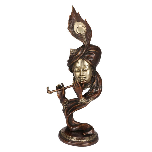 Brass Krishna Bhagwan Idol Murli Kishan Murti Playing Bansuri With Morphankh Gift for Home Mandir Decor Marriage