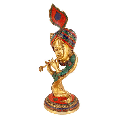 Brass Krishna Bhagwan Idol Murli Kishan Murti Playing Bansuri with Morpankh Gift for Home Mandir Decor Marriage