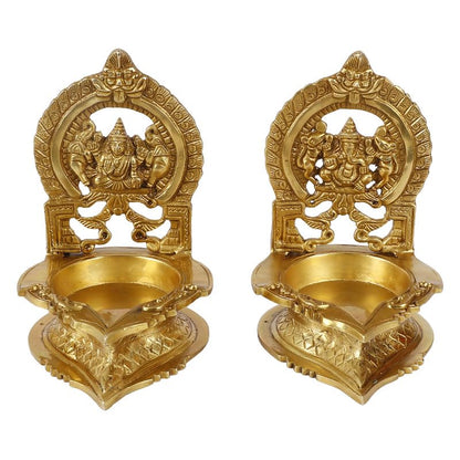 Set of 2 Gold Color Brass Laxmi Ganesh Oil Diyas: Perfect for Puja, Aarti, Camphor Burning, and Table Stand