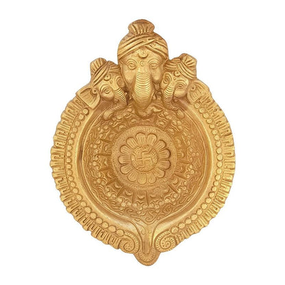 6 Inch Gold Color Brass Ganesha Face Diya: Ideal for Home Temple Aarti, Camphor Burning, and Table Mandir