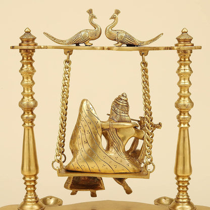 Brass Radha Krishna Jhula in Gold Color Height 16 Inch