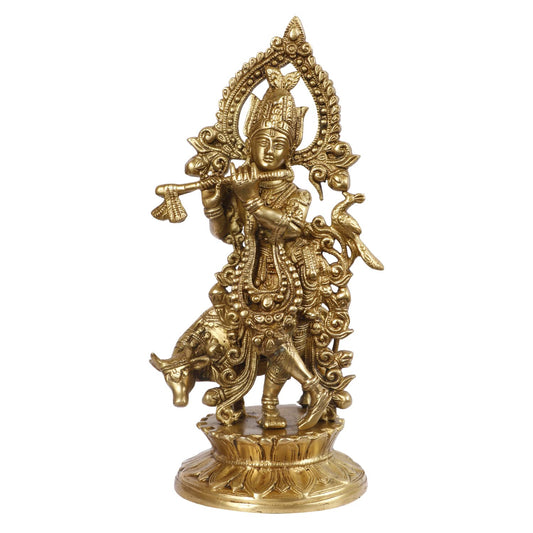 Brass Shri Krishna Idol with Cow Kishan Bhagwan Murti Lord Krishna Cow Statue with Flute Big Size Height 12 Inch