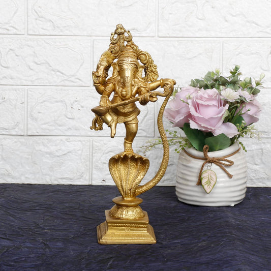 Brass Dancing Ganesha on a Snake Head with Playing Veena, Lord Dancing Ganesh on Snake, Ganpati, Temple Puja Home Decor