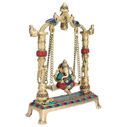 Brass Ganesha On Jhoola Ganesh Swing Showpiece, Beautiful Handcrafted Statue 12 Inch, Multicolor Weight 2.5 Kg