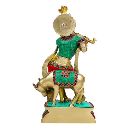 Brass Shri Krishna Idol with Cow Kishan Bhagwan Murti Lord Krishna Cow Statue with Flute Big Size Height 14 Inch