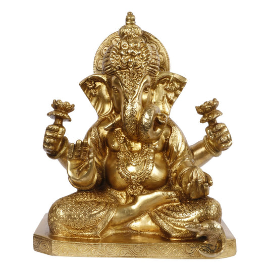 Brass Ganesha Idol for Home Decoration Ganpati Statue Murti for Gift Height 9 Inch Weight 5.2 Kg Color Gold