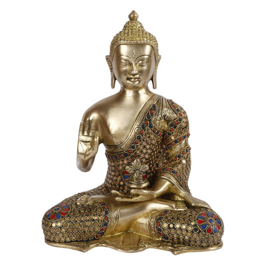 Brass Gautam Buddha Idol Statue Murti Draped in Stone Embellished Shawl for Home Decoration Blessing Buddha Height 10 Inch