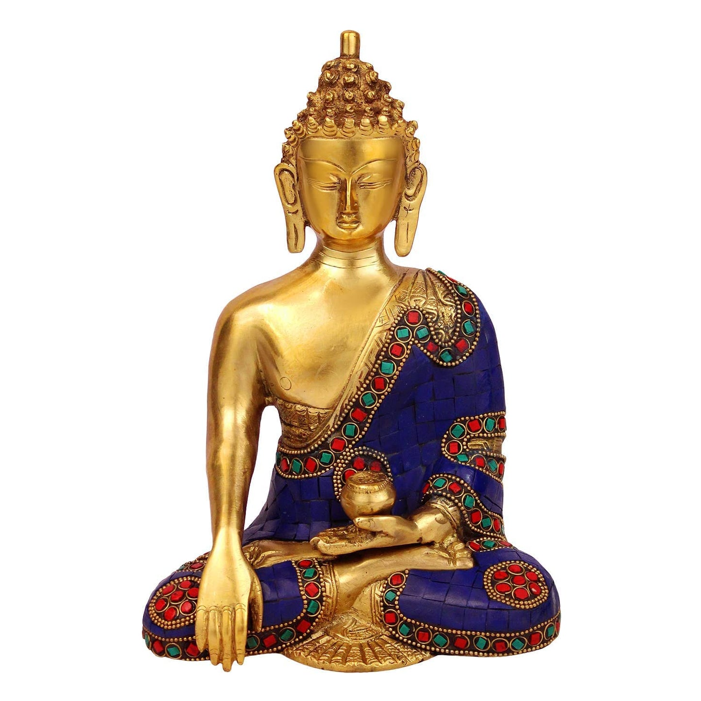 Brass Buddha Idol in Bhumisparsha Mudra Statue Tibetan Buddhist Decor Height 9 Inch Weight 2.7 Kg Mult-Color