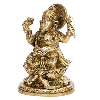 Brass Ganesha Sitting on Lotus Idol Ganesha Statue Ganpati Murti for Home Decor Puja Gift Height 5 Inch.