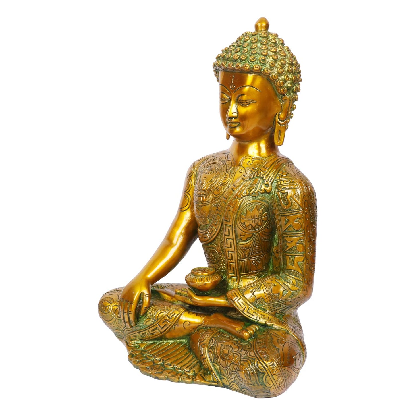 Brass Buddha Idol in Bhumisparsha Mudra Statue Tibetan Buddhist Décor Height 12 Inch Weight 6 Kg Color Golden Green