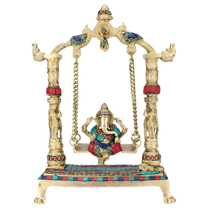 Brass Ganesha On Jhoola Ganesh Swing Showpiece, Beautiful Handcrafted Statue 12 Inch, Multicolor Weight 2.5 Kg