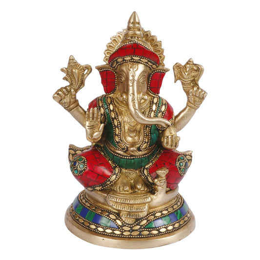 Brass Ganesha Idol on Round Singhasan for Home Decoration Ganpati Statue Murti for Gift Height 8 Inch Weight 3 Kg Color