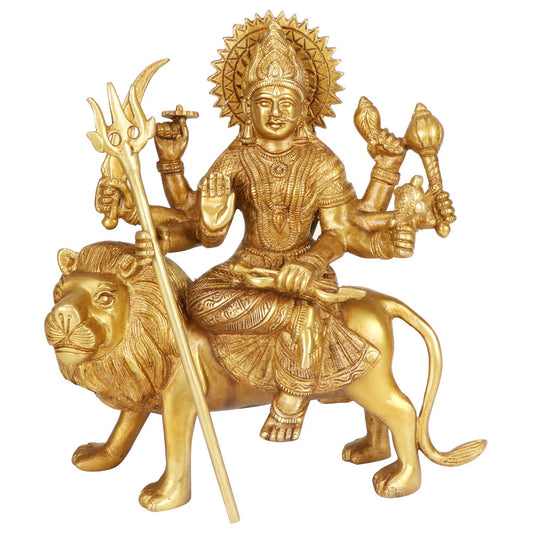 Brass Maa Durga Idol Sitting On Lion Ma Sherwali Murti Vaishno Devi Statue for Home Mandir Gift Navratra Puja 9.5 Inch