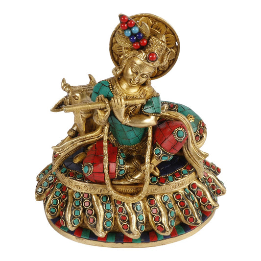 Brass Shri Krishna Idol with Cow Kishan Bhagwan Murti Lord Krishna Cow Statue with Flute Big Size Height 8 Inch