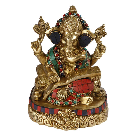 Brass Sitting Ganesha Idol for Home Decoration Ganpati Statue Murti for Gift Height 8 Inch Weight 3.2 Kg Color Multicolor