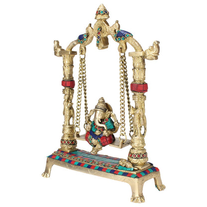 Brass Ganesha On Jhoola Ganesh Swing Showpiece, Beautiful Handcrafted Statue 12 Inch, Multicolor Weight 2.5 Kg