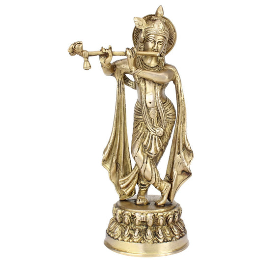 Brass Metal Lord Krishna Idol God of Love Playing Flute For Temple Puja Home Decor Gift 10 Inch