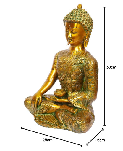 Brass Buddha Idol in Bhumisparsha Mudra Statue Tibetan Buddhist Décor Height 12 Inch Weight 6 Kg Color Golden Green