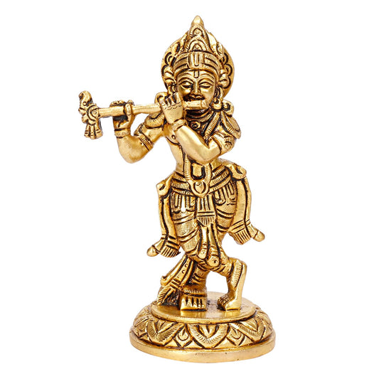 Brass Lord Krishna Idol with Flute Kanha Ji ki Murti Idols For Puja Decor Gift Gold Color Height 5.5 Inches