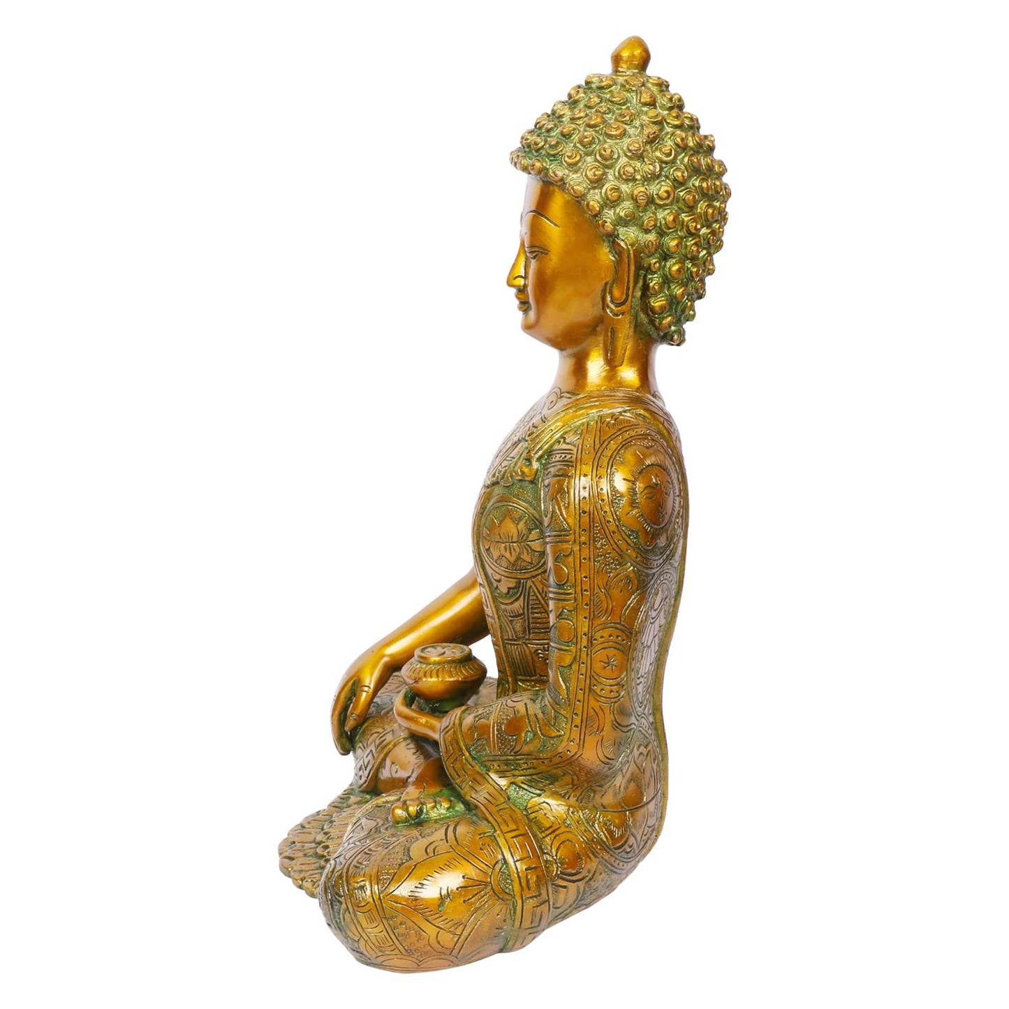 Brass Buddha Idol in Bhumisparsha Mudra Statue Tibetan Buddhist Décor Height 12 Inch Weight 6 Kg Color Golden Green