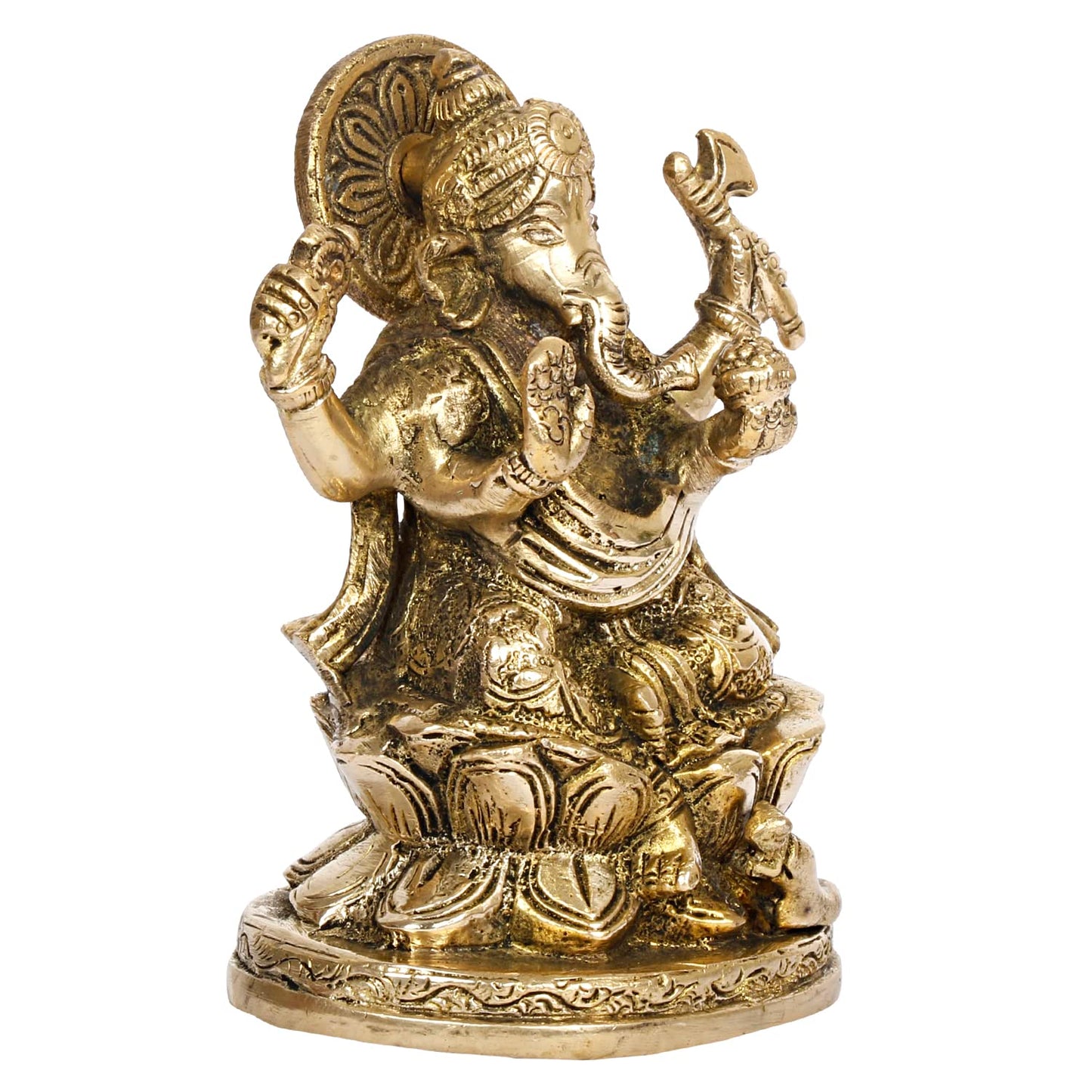 Brass Ganesha Sitting on Lotus Idol Ganesha Statue Ganpati Murti for Home Decor Puja Gift Height 5 Inch.